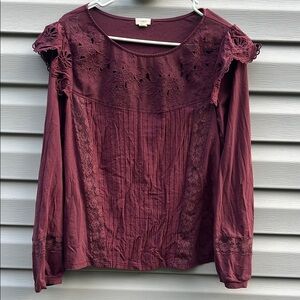 Anthropologie Tiny Burgundy Lace Detail Mixed Media Broderie Top